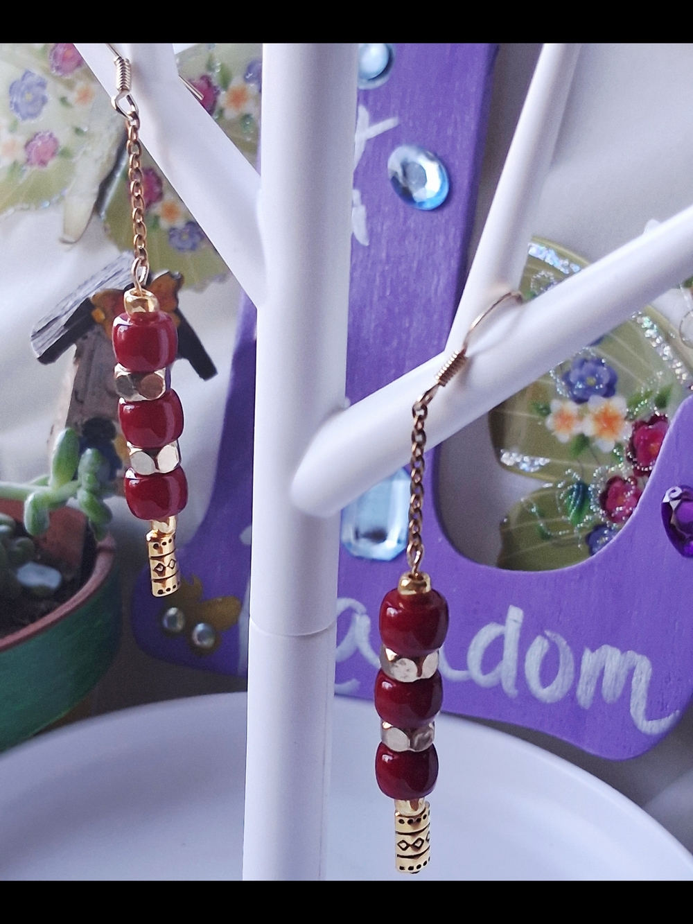 Red Beaded Dangle Earrings with Gold Accents